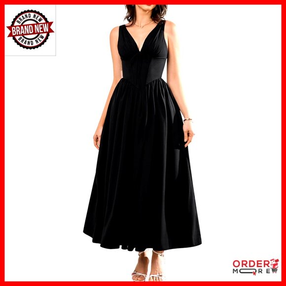 Summer Midi Dress V-Neck A-Line Flowy Corset Bodice Backless Wedding Guest